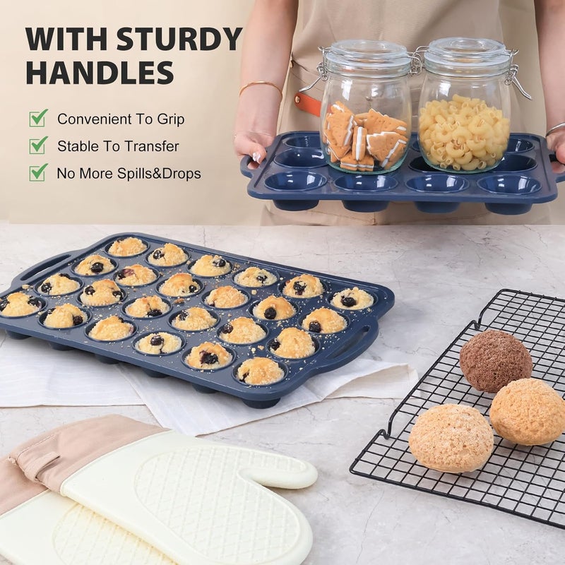 Vnray 2 Pack Silicone Muffin Pan 12 and 24 Cup with Metal Frame,Non Stick Silicone Mini Cupcake Pan with Handles, BPA Free Silicon Regular Muffin Tin Tray Small for baking, egg bites, Mold Grey - Image 5